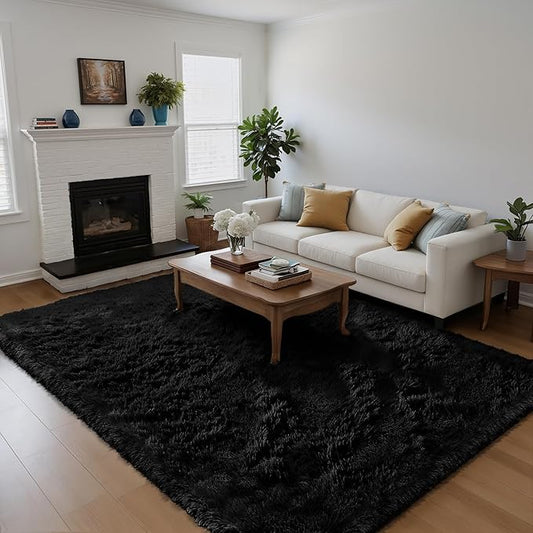 yongyangjuxin Fluffy Rug Shag Area Rug, Black 6x9 Area Rugs for Living Room, Large Shag Area Rugs for Bedroom Kids Room Home Decor, Upgrade Anti-Skid Rectangular Fuzzy Rugs