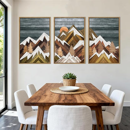 BINCUE Rustic Mountain Canvas Wall Picture Framed Mountain Wall Art Nature Landscape Artwork Boho Mountain Wall Decor Farmhouse Painting for Office Living Room Bedroom 16x24 Inches Set of 3