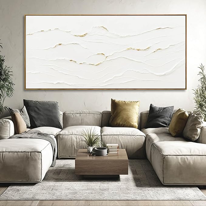 WINKAILIN Minimalist White and Gold Textured Canvas Wall Art Modern Abstract Line Artwork for Living Room Bedroom Office Neutral Home Decor 40x88 Inch