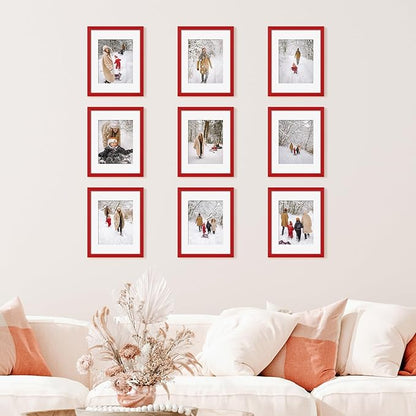 YESKAY 11x14 Picture Frame Set of 9, Photo Gallery Wall Frame Set, Display Pictures 8x10 with Mat or 11 x 14 Without Mat, Multi Photo Frames for Wall Mounting or Table Top Display, Red