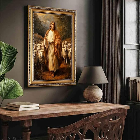 WZGZXU Vintage Gold Framed Wall Art Jesus Wall Decor Christian Canvas Art Jesus Sheep Pictures Religious Painting Print For Living Room Bedroom Church 16X24in
