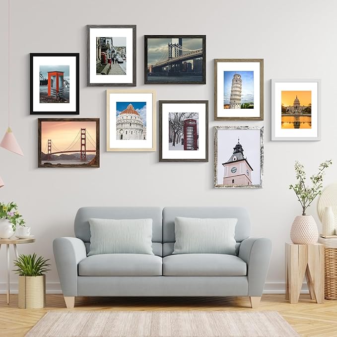 SESEAT 8x10 Picture Frame Set of 10, Display Pictures 5x7 with Mat or 8x10 Prints without Mat, Wall Mounting or Tabletop, Mix Multi Color