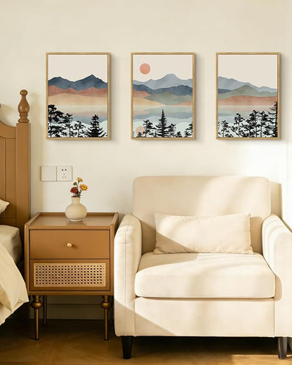Drsoum Mountain Range Landscape Wall Art Framed Ink Wash Watercolor Nature Wall Decor Laker Sun Rises Prints Bedroom Living Room Ready to Hang 11x14in Natural Framed
