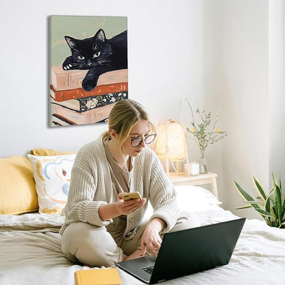 Framed Black Cat Canvas Wall Art, Funny Cat lying on a pile of books Painting, Abstract Animal Posters Prints Wall Decor for Living Room Bathroom Gallery Dining Room Decor 16x24 inch