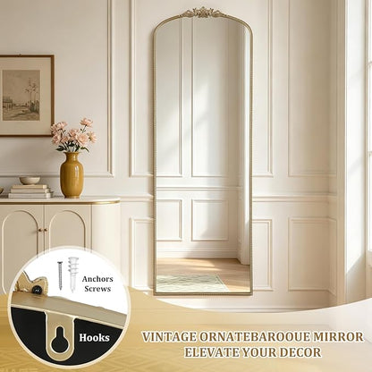 WallBeyond Gold Vintage Full Length Mirror with Stand for Vanity 24x70 Inch, Gold Antique Mirror with Ornate Frame, Arched Vintage for Bathroom, Living Room, Bedroom, Entryway