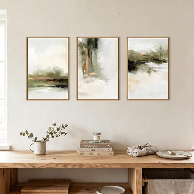 KAIRNE Green Abstract Neutral Framed Canvas Wall Art Set,Modern Watercolor Shapes Wall Decor,Minimalist Pastel Art Prints,Brown Gray Tan Artwork for Living Room,Bedroom,Farmhouse,Office-16 x24 x3