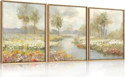 HPNIUB Watercolor Green Landscape Framed Wall Art Set,Nature Wildflowers Wall Decor,Vintage Colorful Floral Art Print, Wilderness Tree Scenery Artwork for Living Room, Bedroom,Office-12 x16 x3
