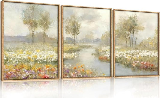 HPNIUB Watercolor Green Landscape Framed Wall Art Set,Nature Wildflowers Wall Decor,Vintage Colorful Floral Art Print, Wilderness Tree Scenery Artwork for Living Room, Bedroom,Office-12 x16 x3