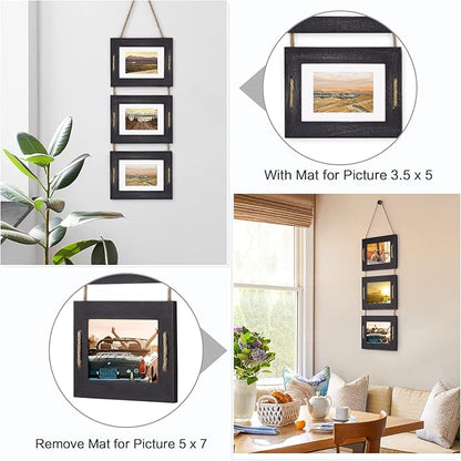 DLQuarts 5x7 Hanging Picture Frames Collage Wall Decor, 3-Opening Photo Frames Set, 3.5x5 with Mat or 5x7 Without Mat, Rustic Solid Wood Photo Frame Pack of 2, Weathered Black