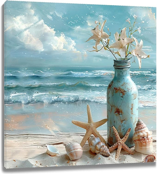 LB Coastal Starfish with White Flower in Vintage Vase on Teal Beach Scene Canvas Wall Art Decor for Living Room, Bedroom, Bathroom, Office - Framed Ready to Hang 12L x 12W