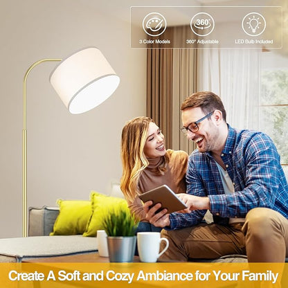 Arc Floor Lamps for Living Room with 3 Color Temperatures, Modern Floor Lamp Reading Light with 9W Bulb Included, Standing Lamp with Adjustable White Hanging ‎Lampshade for Bedroom Office(Gold)