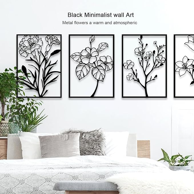 ZNZAPO 4 Pcs Large Black Metal Flower Wall Art, Abstract Line Art Wall Decor, Minimalist Floral Wall Hanging Art, 3d Wall Art Sculptures Decor for Living Room Bedroom Bathroom (15.7 × 22.5”)