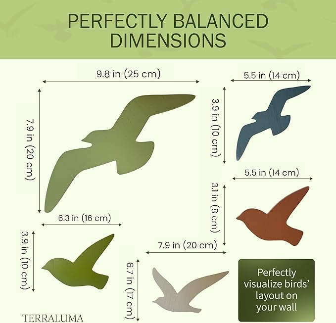 TERRALUMA 5-Piece Bird Wall Decor Set, Double-Sided Painted Wooden Wall Art, Birds in Flight for Coastal & Modern Home Decor