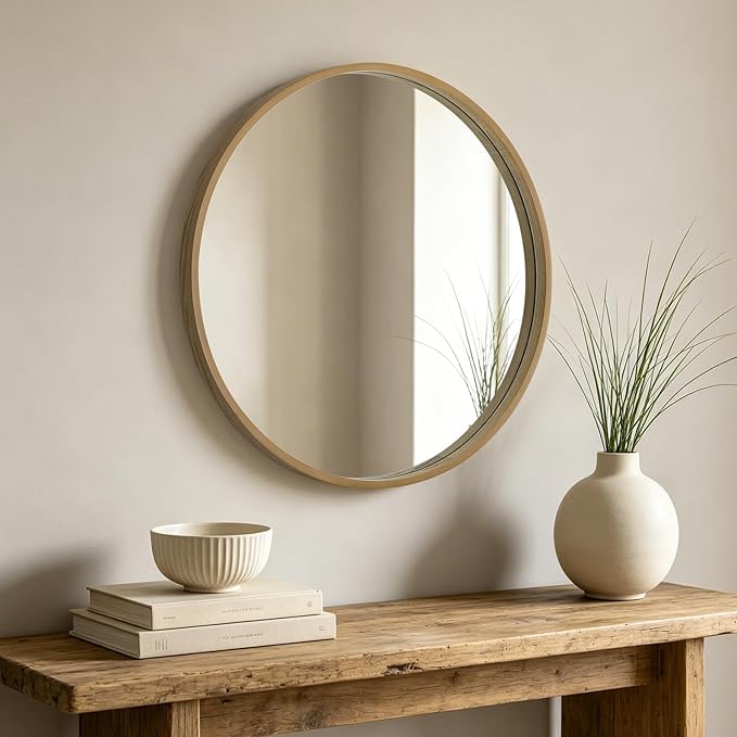 HOMECOOKIN Round Wood Mirror, 28" Round Bathroom Wall Mirror Circle Mirrors for Wall Decor, Vanity, Living Room, Bedroom, Entryway, Natural