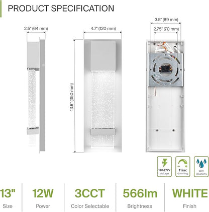 ASD LED 13" Bubble Glass Wall Light Fixture, Outdoor & Indoor Seeded Sconce | 3CCT, Waterproof, Dimmable, ETL Listed | 12W 500LM 3000-5000K 120V | Exterior Lantern, Porch Lighting | White, 4 Pack
