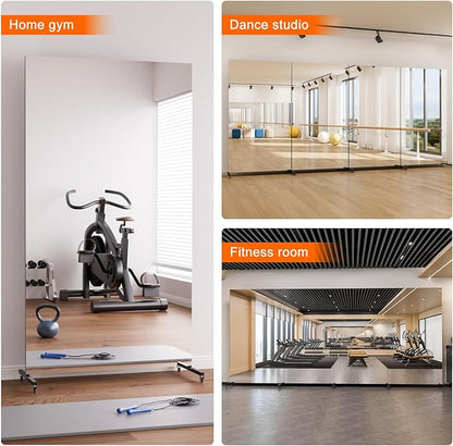 brisafe 71" x 24" Full Length Rolling Floor Mirror on Lockable Wheels, Rectangular Shatter-Resistant Safety Glass, for Home Dance Studio & Yoga, Black Metal Frame and Stand