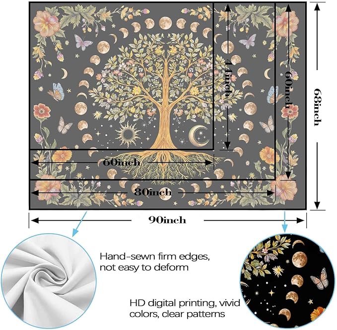 Lunerfex Tree of Life Wall Tapestry - Celestial Moon Phase & Sun Wall Hanging for Bedroom and Living Room Decor - Boho Spiritual Tapestries 80"x60"