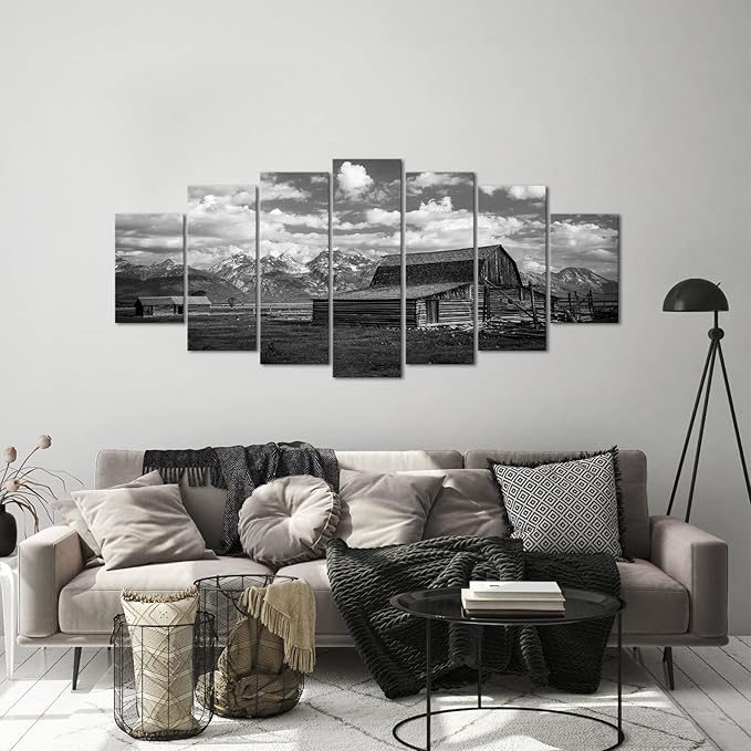 LevvArts XLarge 7 Pieces Barn Wall Art Black and White Moulton Barn Picture Prints Wyoming Landscape Artwork for Home Living Room Decor Framed 70" W x 32" H