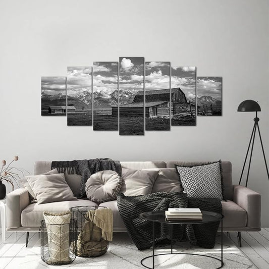 LevvArts XLarge 7 Pieces Barn Wall Art Black and White Moulton Barn Picture Prints Wyoming Landscape Artwork for Home Living Room Decor Framed 70" W x 32" H