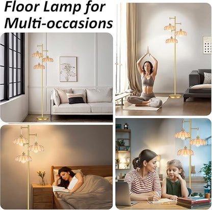 AHDWDW Gold Floor Lamp for Living Room Bedroom,Modern Floor Lamps with Unique Amber Glass Shades,68IN Mid Century Tall Flower Standing Lamp,Vintage 3 Lights Tree Floor Lamp for Corner Office Reading