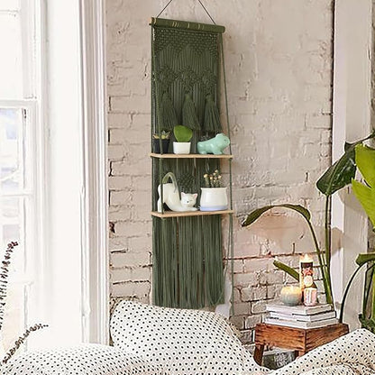 Hanging Shelf Macrame Wall Hanging Green Boho Shelfs with Tassels 2 Tier Floating for Plants Bedroom Dorm Living Room Wall Decor Rustic Wooden Organizer(Wood)