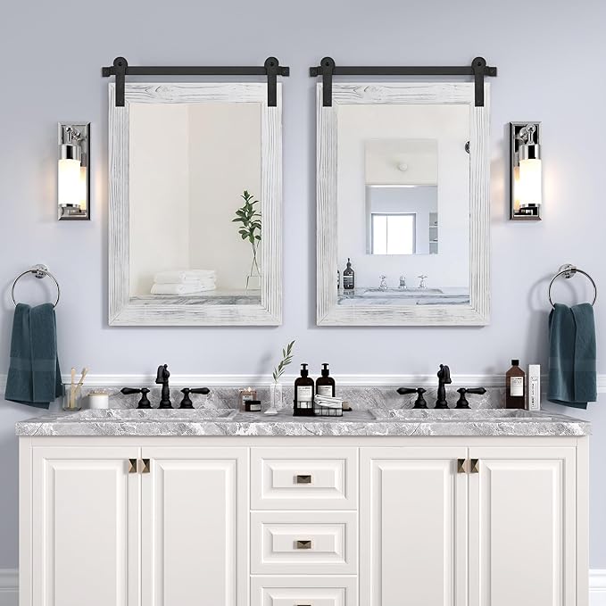 COGOOD Farmhouse Bathroom Mirror - 30 x 21 Rustic Wood Framed Wall Barn Door Mirror for Entryway, Living Room, Vanity Wall Decor (White)