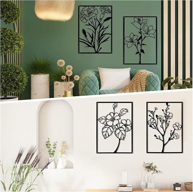 ZNZAPO 4 Pcs Large Black Metal Flower Wall Art, Abstract Line Art Wall Decor, Minimalist Floral Wall Hanging Art, 3d Wall Art Sculptures Decor for Living Room Bedroom Bathroom (15.7 × 22.5”)