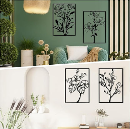 ZNZAPO 4 Pcs Large Black Metal Flower Wall Art, Abstract Line Art Wall Decor, Minimalist Floral Wall Hanging Art, 3d Wall Art Sculptures Decor for Living Room Bedroom Bathroom (15.7 × 22.5”)