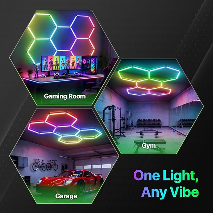 Glitgate RGB Hexagon Garage Lights, LED Hex Lights with App & Remote Control, DIY Modular Honeycomb Lighting System, Music Sync Dimmable Smart Ceiling Light Fixture for Gym, Shop, Gaming Room