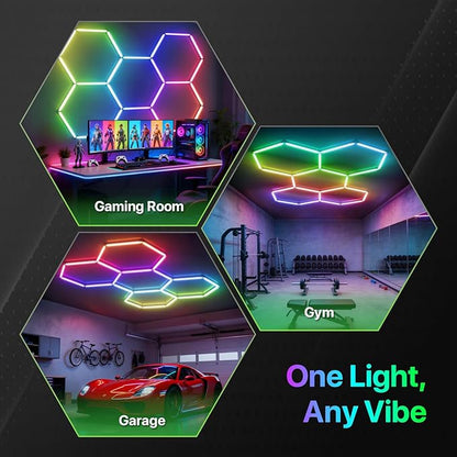 Glitgate RGB Hexagon Garage Lights, LED Hex Lights with App & Remote Control, DIY Modular Honeycomb Lighting System, Music Sync Dimmable Smart Ceiling Light Fixture for Gym, Shop, Gaming Room