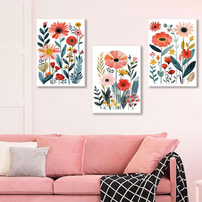 KISSFOX Framed Colorful Wildflower Canvas Wall Art Set Of 3 Flowers Pictures Prints Flowers Printing Floral Watercolors Flower wall Decor Living Room Girls Bedroom Bathroom