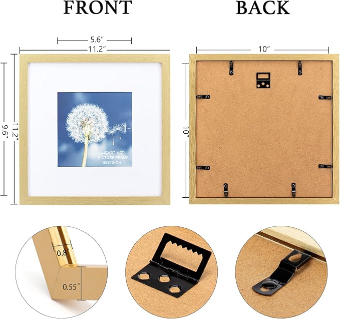 HEART ART 10x10 Gold Picture Frame Set of 9, Display Pictures 6x6 with Mat or 10 x 10 without Mat, Multi Collage Gallery Square Gold Photo Frames for Wall