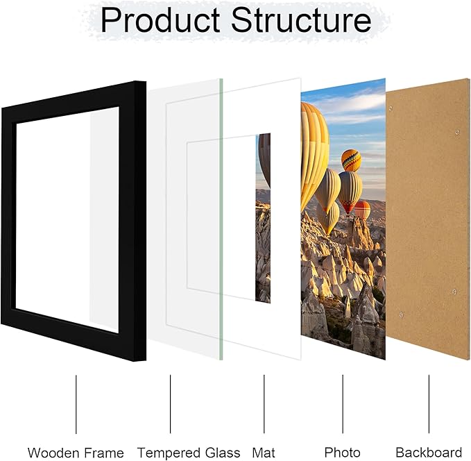 iRahmen 9x12 Picture Frame with Mat 6x8 - High Definition Tempered Glass Wooden Photo Frames for Tabletop Display and Wall Mounting (Pure Black, Set of 2)