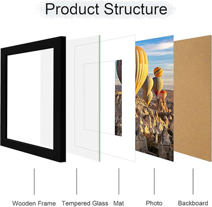 iRahmen 9x12 Picture Frame with Mat 6x8 - High Definition Tempered Glass Wooden Photo Frames for Tabletop Display and Wall Mounting (Pure Black, Set of 2)