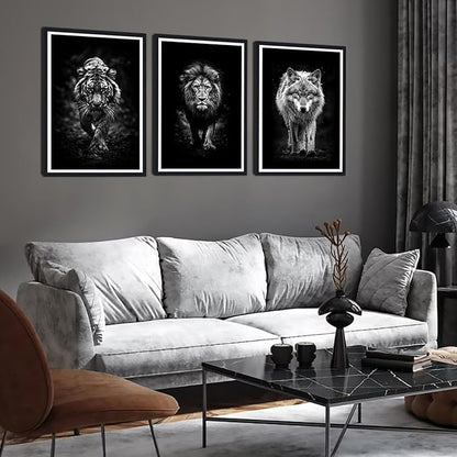 Wildlife Predator Framed Canvas Wall Art Black and White Tiger Lion Wolf Portrait Picture Wall Decor Majestic Animals Print Artwork for Country House Office Decoration Easy to Hand 16x24inchx3pcs