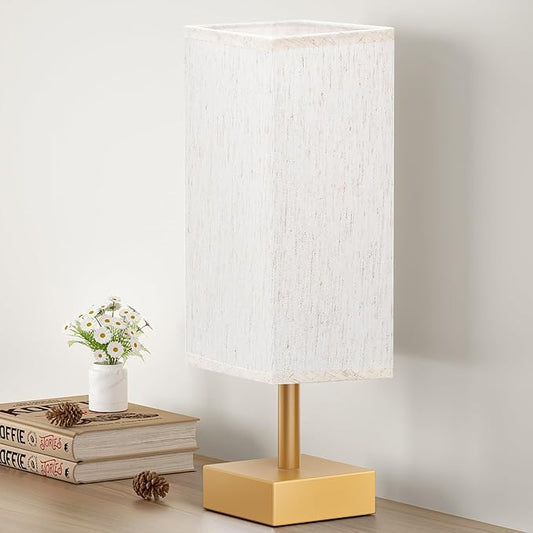 aooshine Gold Small Table Lamp - Bedside Lamp for Bedroom, Minimalist Nightstand Lamp with Square Fabric Shade, Desk Lamp for Kids Room Dorm