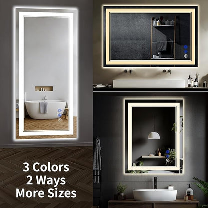 32"x24" LED Bathroom Mirror with Anti-Fog, Stepless Dimmable Lights, 3 Color Modes, Shatter-Proof Tempered Glass,Waterproof Design