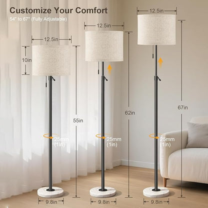 Floor Lamp for Living Room, Floor Lamp with Remote Control, Adjustable Height Modern Standing Lamp with Marble Base & Linen Shade, Dimmable Tall Floor Light for Bedroom, Reading Black