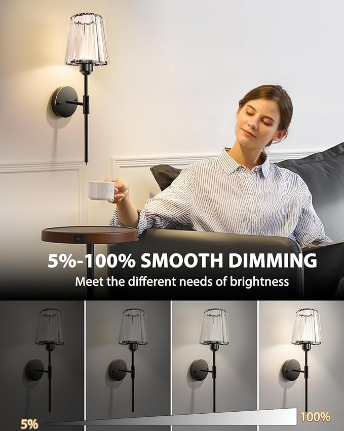 Adetu Crystal Battery Operated Wall Sconces Set of Two, Gold Rechargeable Wall Lights with 10000mAh Dimmable Magnetic Bulb, RGB Rechargeable Battery Wall Sconce with Remote Control for Bedroom Decor
