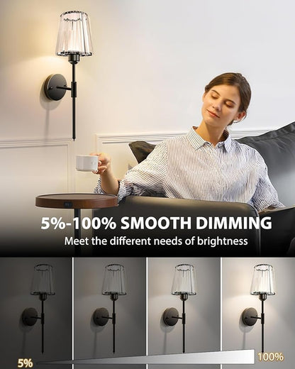 Adetu Crystal Battery Operated Wall Sconces Set of Two, Gold Rechargeable Wall Lights with 10000mAh Dimmable Magnetic Bulb, RGB Rechargeable Battery Wall Sconce with Remote Control for Bedroom Decor