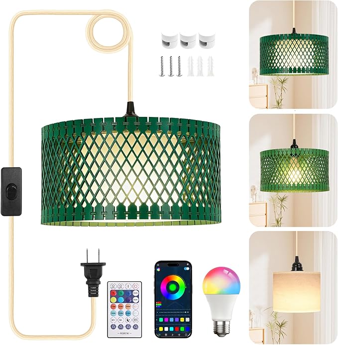 ZSLAIFU Hanging Lamp Plug in Pendant Light, 15FT Hanging Lights with Plug in Cord, Hanging Light with Bulb and Remote, Wood Shade Hanging Lamps for Bedroom, Living Room, Kitchen, Farmhouse(Green)