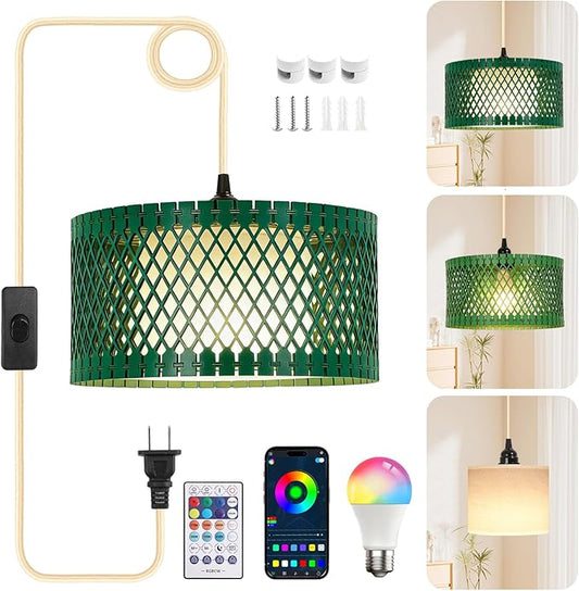 ZSLAIFU Hanging Lamp Plug in Pendant Light, 15FT Hanging Lights with Plug in Cord, Hanging Light with Bulb and Remote, Wood Shade Hanging Lamps for Bedroom, Living Room, Kitchen, Farmhouse(Green)