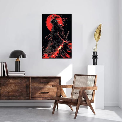 Black and Red Japanese Samurai Wall Art Bushido Pictures Wall Decor Canvas Prints Armored Samurai Painting Poster Artwork Modern Home Decor Framed for Bedroom Living Room Office (24''W x 36''H)