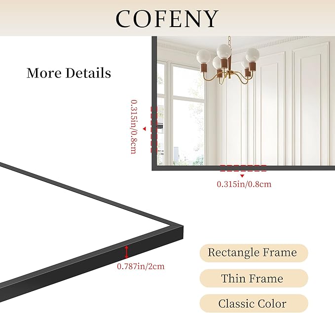 COFENY 40x60inch Black Bathroom Mirror, Black Rectangle Mirror with Frame, Large Rectangular Wall Mirrors for Bathroom, Living Room, Hair Salon, Big Farmhouse Mirror Hang Horizontal/Vertical