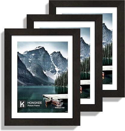 Hongkee 6x8 Picture Frame with Real Glass - Display Pictures 5x7 with Mat or 6 x 8 without Mat, Photo Frame for Wall or Table Top Display(Black, 3 Pack)