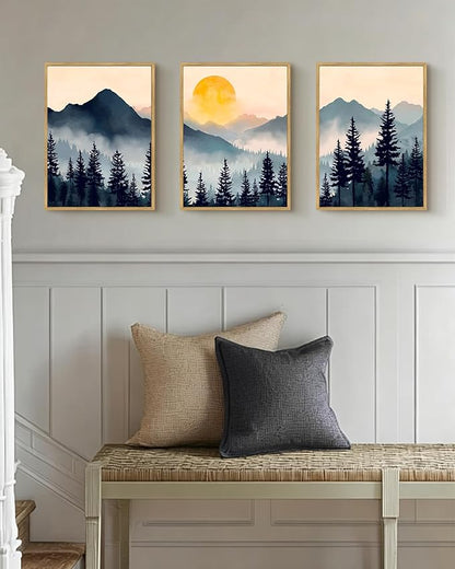 PHOPAGO Blue Fog Pine Tree Mountain Landscape Framed Wall Art Retro Watercolor Nature Misty Forest Artwork Paints Sun Rise Rustic Farmhouse Home Decor - 11x14in Natural Framed