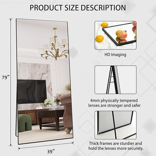 Beauty4U 79" x 39" Full Length Mirror with Stand, Large HD Tempered Glass Floor Mirror, Wall Mounted/Leaning/Standing, Black Metal Frame Full Body Mirror for Bedroom, Living Room, Dressing Room
