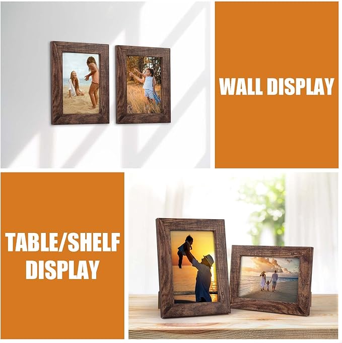 PETAFLOP Wooden 4x6 Picture Frame Set of 7, Rustic Frames Display 4 by 6 Inch Photo for Wall or Tabletop