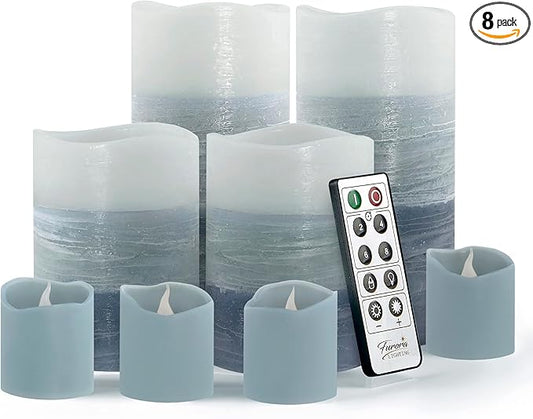 FURORA LIGHTING Blue Ombre Flameless Candles - Real Wax, Adjustable Brightness, Remote & Timer - 4 Pillars (3x4, 3x6) and 4 Votives, 8-Pack, Battery Operated