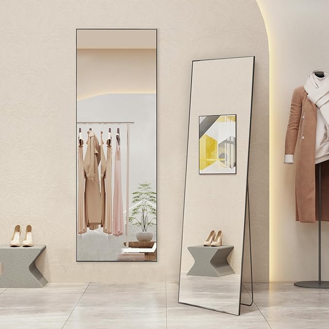 Mirror Full Length, Upgraded 16"x59" Body Wall Mirrors with Shatter-Proof Glass, Floor Standing, Hanging or Leaning, Tall Mirror with Stand Aluminum Alloy Frame for Bedroom, Black